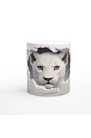 Kırık Duvar Ardındaki Beyaz Leopar Temalı Baskılı Kupa Bardak