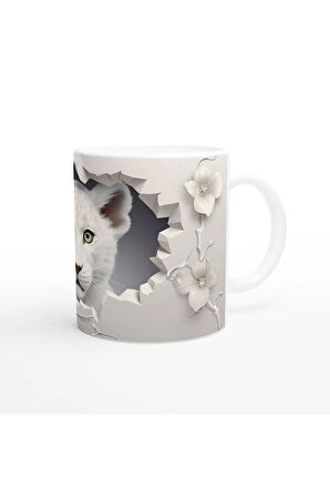 Kırık Duvar Ardındaki Beyaz Leopar Temalı Baskılı Kupa Bardak