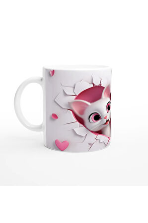 Kalpli Çatlak Desenli Sevimli Kedi Çiftleri Temalı Baskılı Kupa Bardak