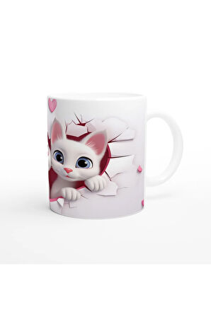 Kalpli Çatlak Desenli Sevimli Kedi Çiftleri Temalı Baskılı Kupa Bardak