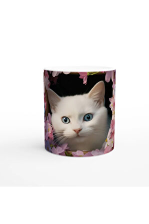 Çiçekli Pencereden Bakan Mavi Gözlü Kedi Temalı Baskılı Kupa Bardak