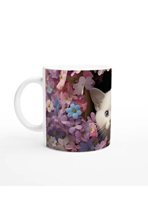 Çiçekli Pencereden Bakan Mavi Gözlü Kedi Temalı Baskılı Kupa Bardak