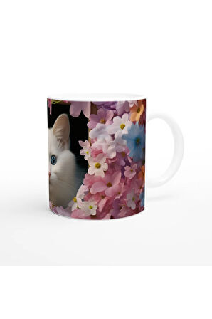 Çiçekli Pencereden Bakan Mavi Gözlü Kedi Temalı Baskılı Kupa Bardak