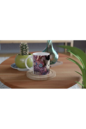 Çiçekli Pencereden Bakan Mavi Gözlü Kedi Temalı Baskılı Kupa Bardak