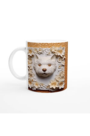 Kabartma Çiçek Çerçeveli Şirin Köpek Temalı Baskılı Kupa Bardak