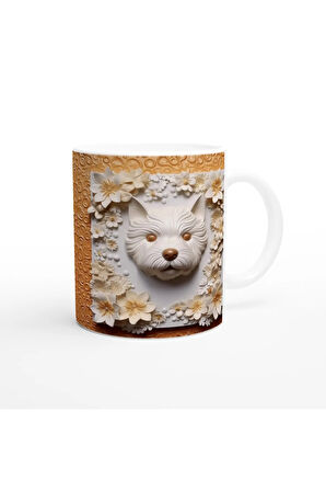 Kabartma Çiçek Çerçeveli Şirin Köpek Temalı Baskılı Kupa Bardak