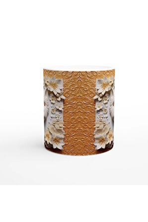 Kabartma Çiçek Çerçeveli Şirin Köpek Temalı Baskılı Kupa Bardak