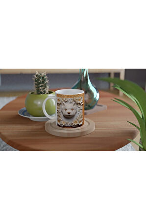 Kabartma Çiçek Çerçeveli Şirin Köpek Temalı Baskılı Kupa Bardak