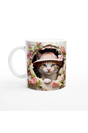 Çatlak Duvardan Bakan Şapkalı Kedi Temalı Baskılı Kupa Bardak