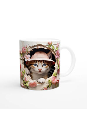 Çatlak Duvardan Bakan Şapkalı Kedi Temalı Baskılı Kupa Bardak