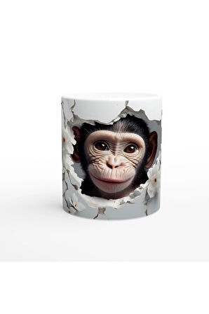 Çatlak Duvardan Bakan Sevimli Şempanze Temalı Baskılı Kupa Bardak