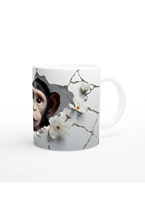 Çatlak Duvardan Bakan Sevimli Şempanze Temalı Baskılı Kupa Bardak