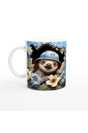 Mavi Duvardan Bakan Şapkalı Tembel Hayvan Temalı Baskılı Kupa Bardak