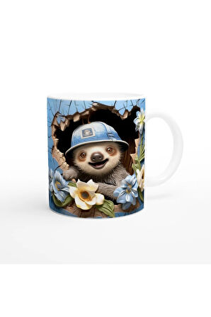 Mavi Duvardan Bakan Şapkalı Tembel Hayvan Temalı Baskılı Kupa Bardak