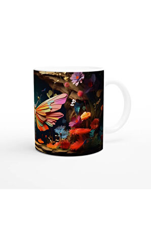 Renkli Orman Çiçekleri Arasında Dev Kelebek Temalı Baskılı Kupa Bardak
