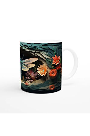 Orman Çiçekleri Arasında Turkuaz Yusufçuk Temalı Baskılı Kupa Bardak