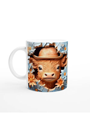 Şapkalı İkiz Buzağılar ve Çiçekler Temalı Baskılı Kupa Bardak