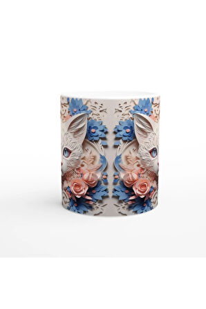 Çiçek Çerçeveli Zarif Kedi Temalı Baskılı Kupa Bardak