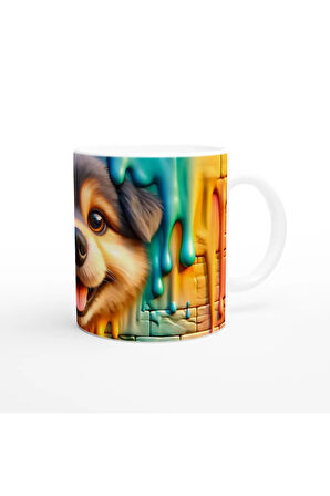 Renkli Damlayan Duvar ve Neşeli Köpek Temalı Baskılı Kupa Bardak