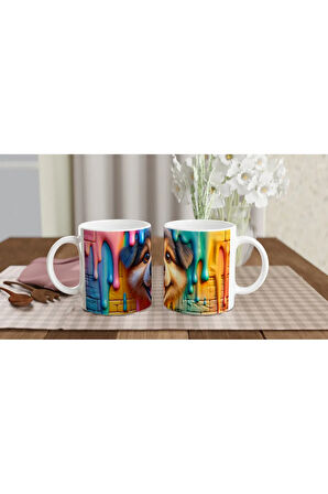 Renkli Damlayan Duvar ve Neşeli Köpek Temalı Baskılı Kupa Bardak