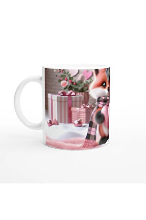 Kalpli Hediye Tutan Sevimli Tilki Temalı Baskılı Kupa Bardak