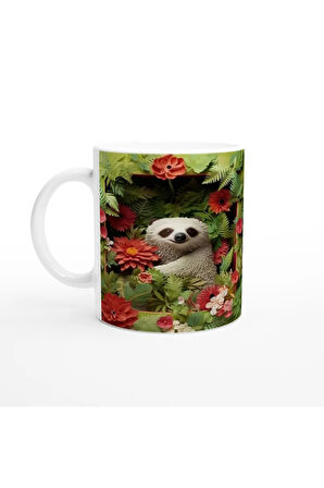 Çiçekler Arasında Gülümseyen Tembel Hayvan Temalı Baskılı Kupa Bardak-2