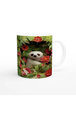 Çiçekler Arasında Gülümseyen Tembel Hayvan Temalı Baskılı Kupa Bardak-2