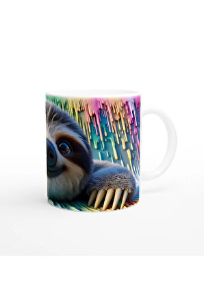 Renkli Damlalar Arasında Gülümseyen Tembel Hayvan Temalı Baskılı Kupa Bardak