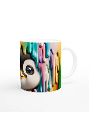 Renkli Boyalar Arasından Bakan Penguen Temalı Baskılı Kupa Bardak