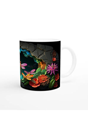 Mağaradaki Renkli Yusufçuklar ve Çiçekler Temalı Baskılı Kupa Bardak