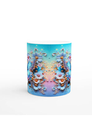 Mavi Işıltılı Kelebek ve Çiçekler Temalı Baskılı Kupa Bardak