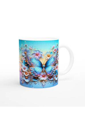 Mavi Işıltılı Kelebek ve Çiçekler Temalı Baskılı Kupa Bardak