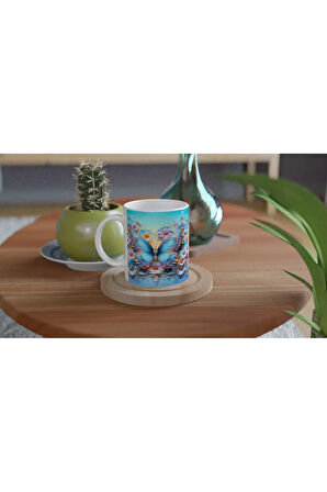 Mavi Işıltılı Kelebek ve Çiçekler Temalı Baskılı Kupa Bardak