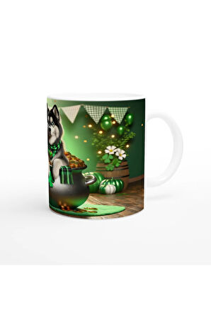 Şans Kazanında Oturan Husky Temalı Baskılı Kupa Bardak