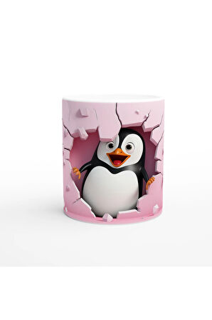 Pembe Duvarı Delen Neşeli Penguen Temalı Baskılı Kupa Bardak