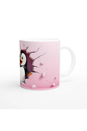 Pembe Duvarı Delen Neşeli Penguen Temalı Baskılı Kupa Bardak