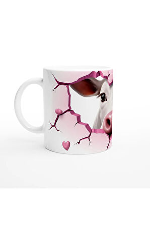 Gülümseyen İnek ve Kalpli Çatlak Duvar Temalı Baskılı Kupa Bardak