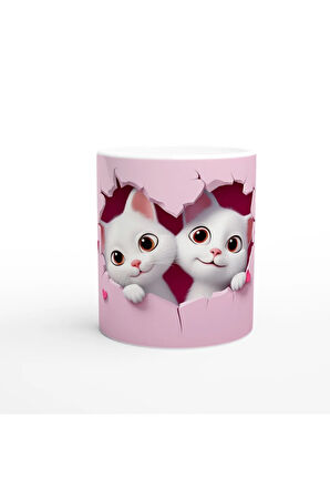 Kalpli Çatlak Duvardan Bakan İki Sevimli Kedi Temalı Baskılı Kupa Bardak