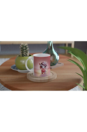 Kalp Tutan Sevimli Unicorn Temalı Baskılı Kupa Bardak