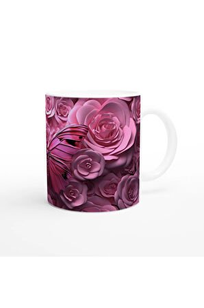 Güller Arasında Pembe Kelebek Temalı Baskılı Kupa Bardak