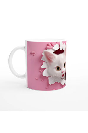 Kalp Çatlaktan Bakan İki Sevimli Kedi Temalı Baskılı Kupa Bardak