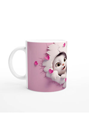 Kalp Çatlaktan Bakan Neşeli Kedi Çifti Temalı Baskılı Kupa Bardak