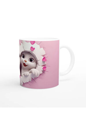Kalp Çatlaktan Bakan Neşeli Kedi Çifti Temalı Baskılı Kupa Bardak