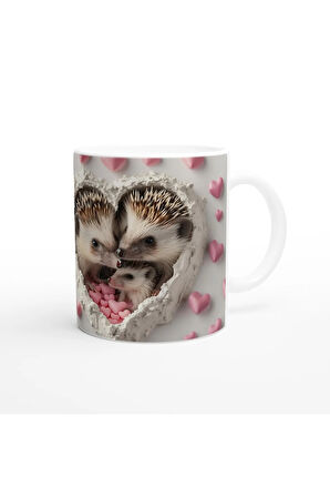 Kalp İçinde Kirpi Ailesi Temalı Baskılı Kupa Bardak