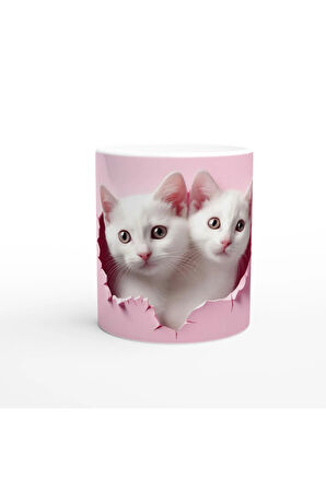 Pembe Zeminden Bakan Gerçekçi Yavru Kediler Temalı Baskılı Kupa Bardak
