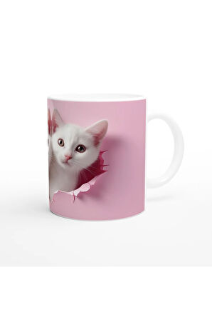 Pembe Zeminden Bakan Gerçekçi Yavru Kediler Temalı Baskılı Kupa Bardak