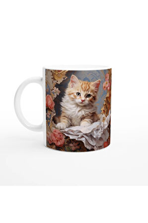 Barok Çiçekler Arasında Sevimli Kedi Kupa Bardak