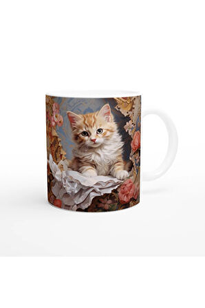 Barok Çiçekler Arasında Sevimli Kedi Kupa Bardak