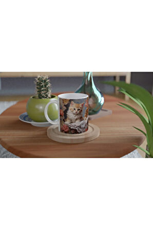 Barok Çiçekler Arasında Sevimli Kedi Kupa Bardak