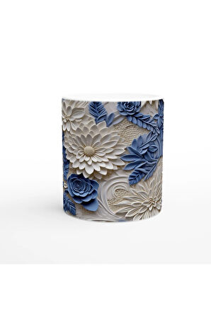 İnci ve Mavi Rölyef Çiçek Desenli Kupa Bardak